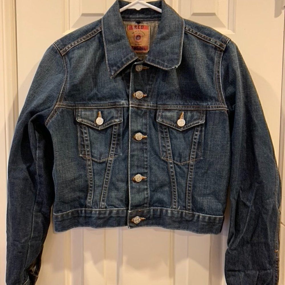Red Engine Cropped Long Sleeve Jean Jacket